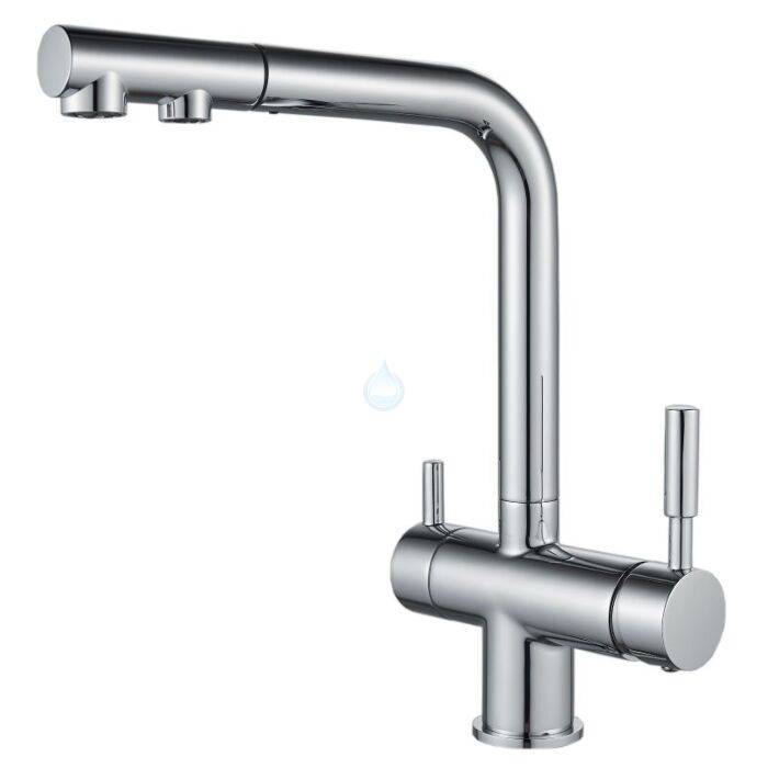 Kuchynská trojcestná batéria so sprchou pre vodné filtre.