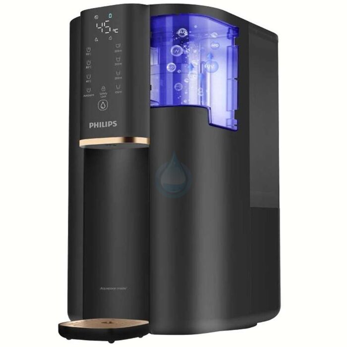Prenosný a veľmi kompaktný výdajník vody Philips s reverznou osmózou UV-LED dezinfekciou a ohrevom.