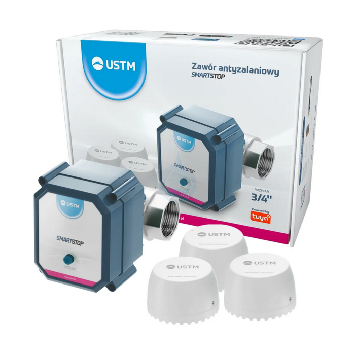 Detektor úniku vody SmartStop s automatickým uzáverom hlavného prívodu a diaľkovým ovládaním pomocou aplikácie.
