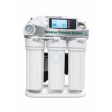 Komerčná prietoková reverzná osmóza 2×600 GPD s výkonom 180 L/H. Stabilný prietok 2,6–3,1 l/min, LCD displej, kompaktné rozmery. Ideálna pre HoReCa, lekárne, laboratóriá a menší priemysel.
