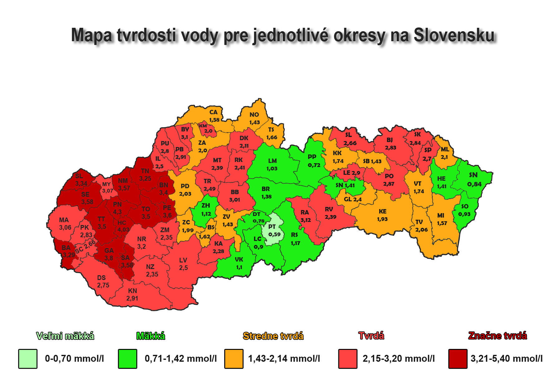 Mapa zobrazu&uacute;ca tvrdosť vody na Slovensku podľa jednotliv&yacute;ch regi&oacute;nov