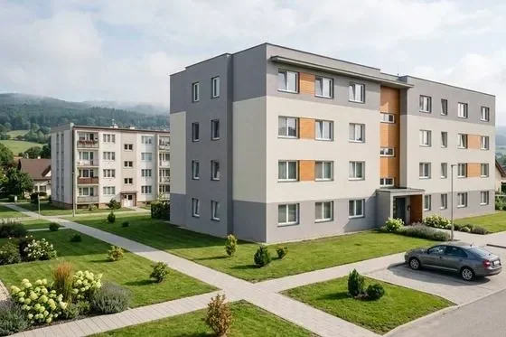Bytový dom so zelenou plochou pred vchodom