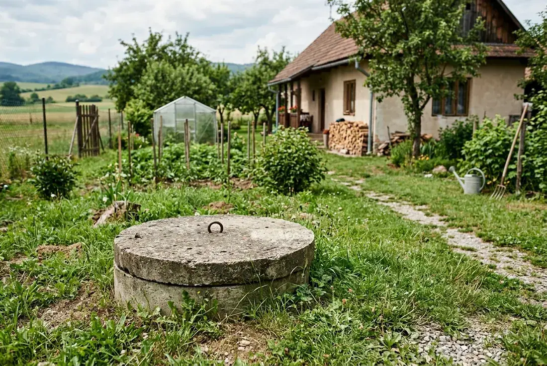 Betónový poklop žumpy na dvore rodinného domu na vidieku