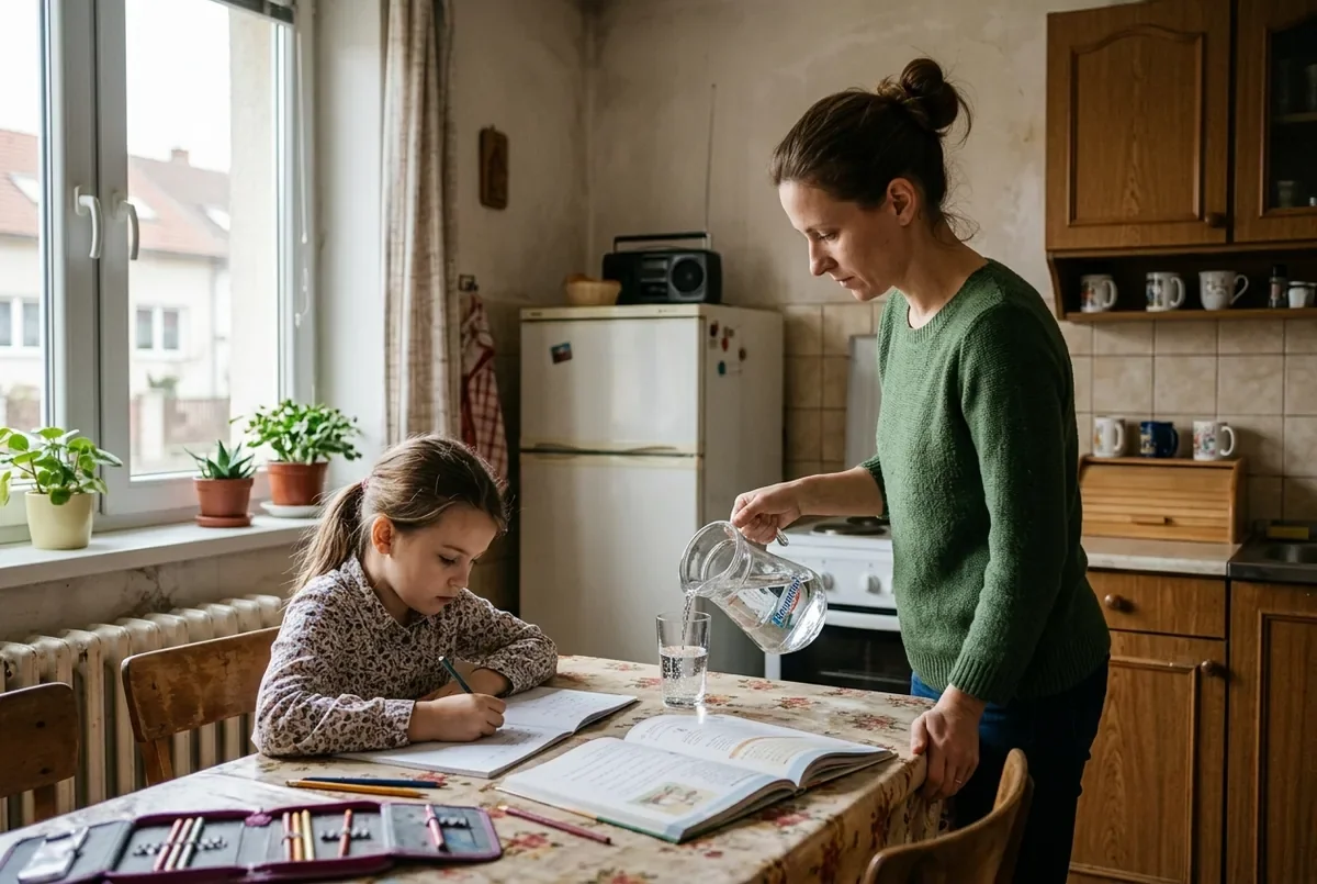 Mama nalieva pohár vody dievčatku pri kuchynskom stole