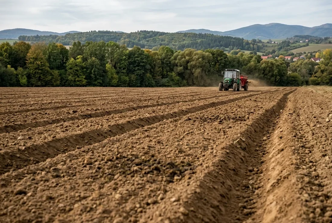 Obrábané pole na slovenskom vidieku krátko po hnojení, v pozadí traktor s rozmetadlom