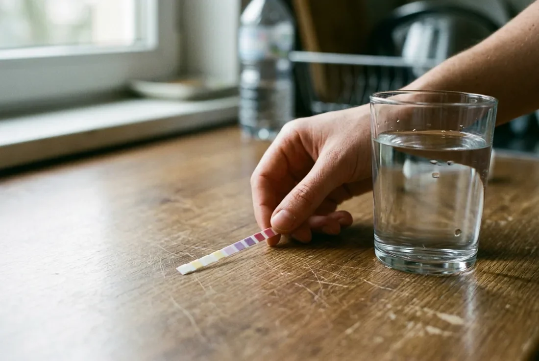 Testovací prúžok na dusičnany vedľa pohára vody na kuchynskej doske