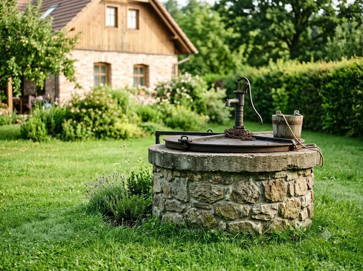 Záhradná studňa pri rodinnom dome na vidieku