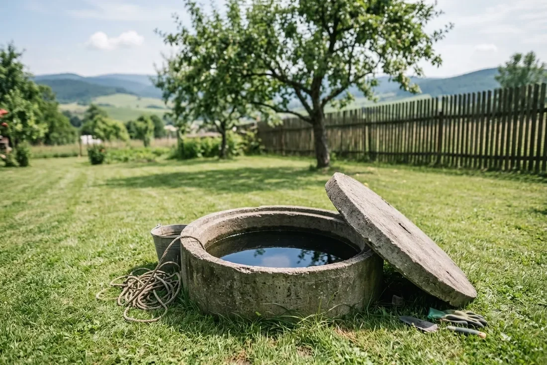 Betónový poklop kopanej studne v tráve na záhrade rodinného domu