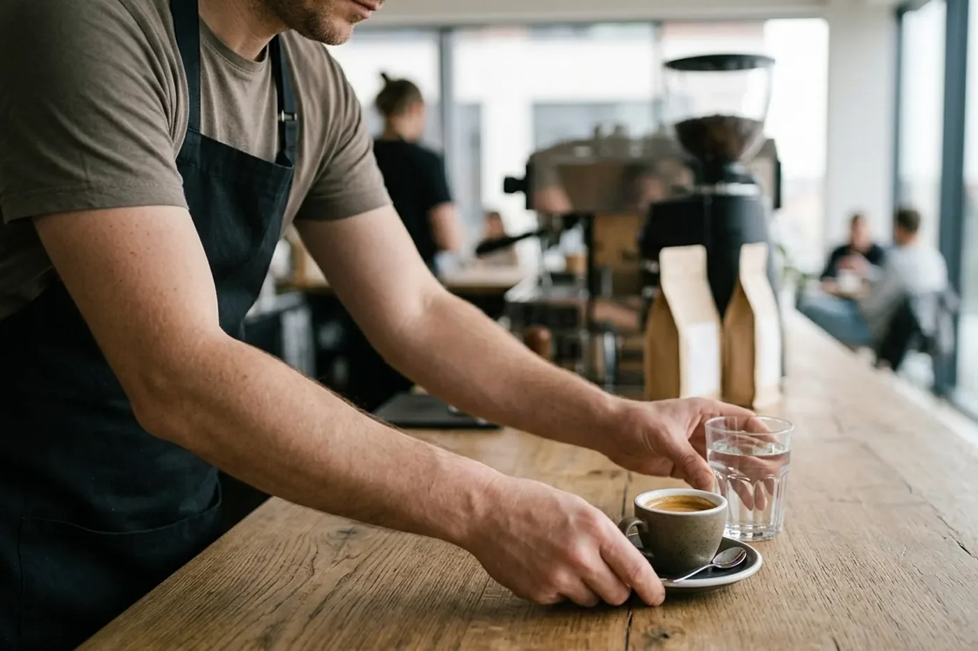 Barista kladie na drevený barový pult šálku espressa a pohár vody