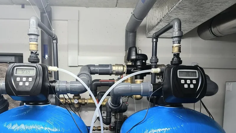 Duplexný katexový zmäkčovač s riadiacimi ventilmi Clack na hlavnom prívode bytového domu